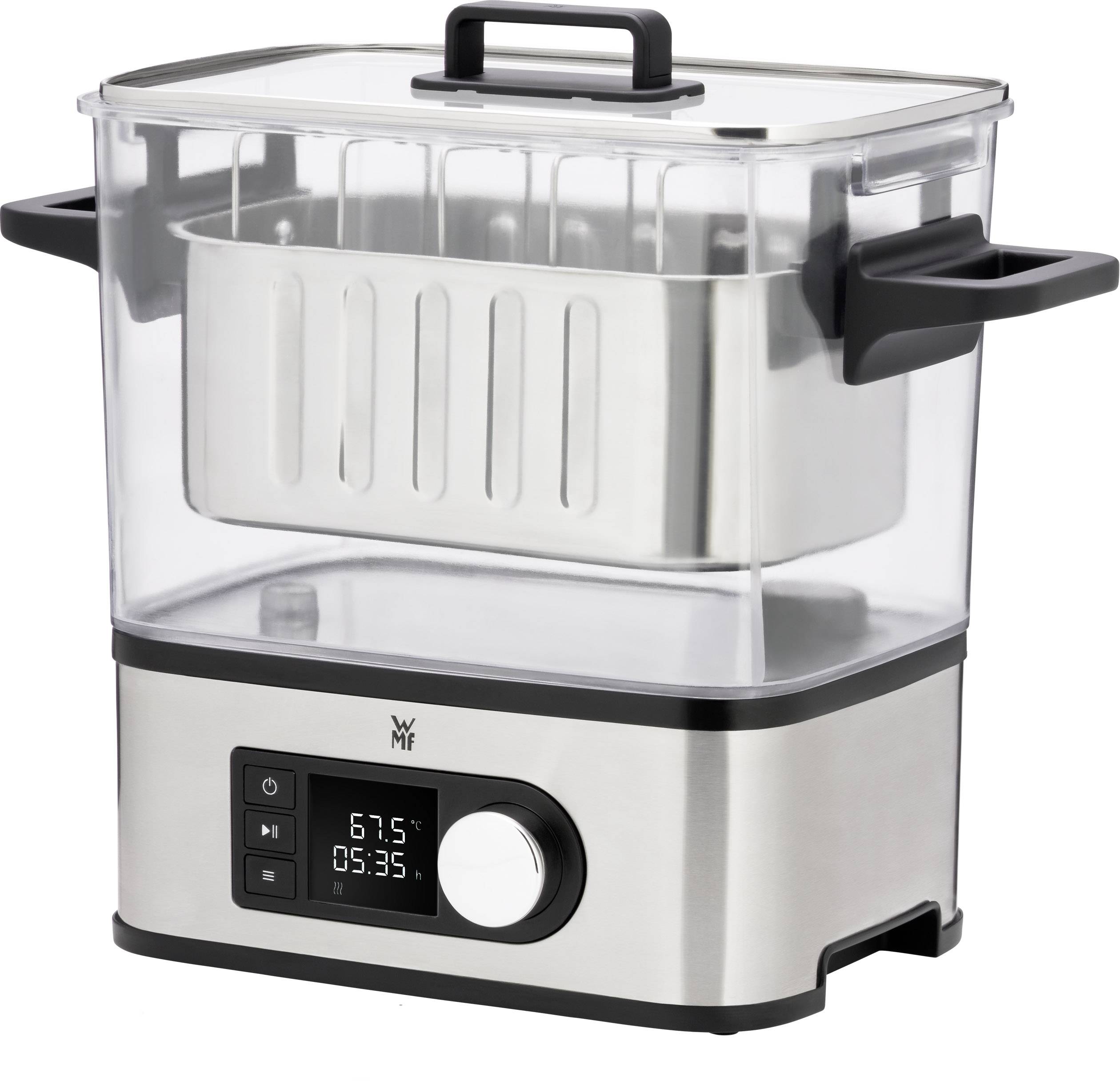 Elektrische stoomkoker in zilver met digitale weergave. Toont temperatuur '67,5° C' en tijd '05:35'. Perfect voor zacht en gezond koken.