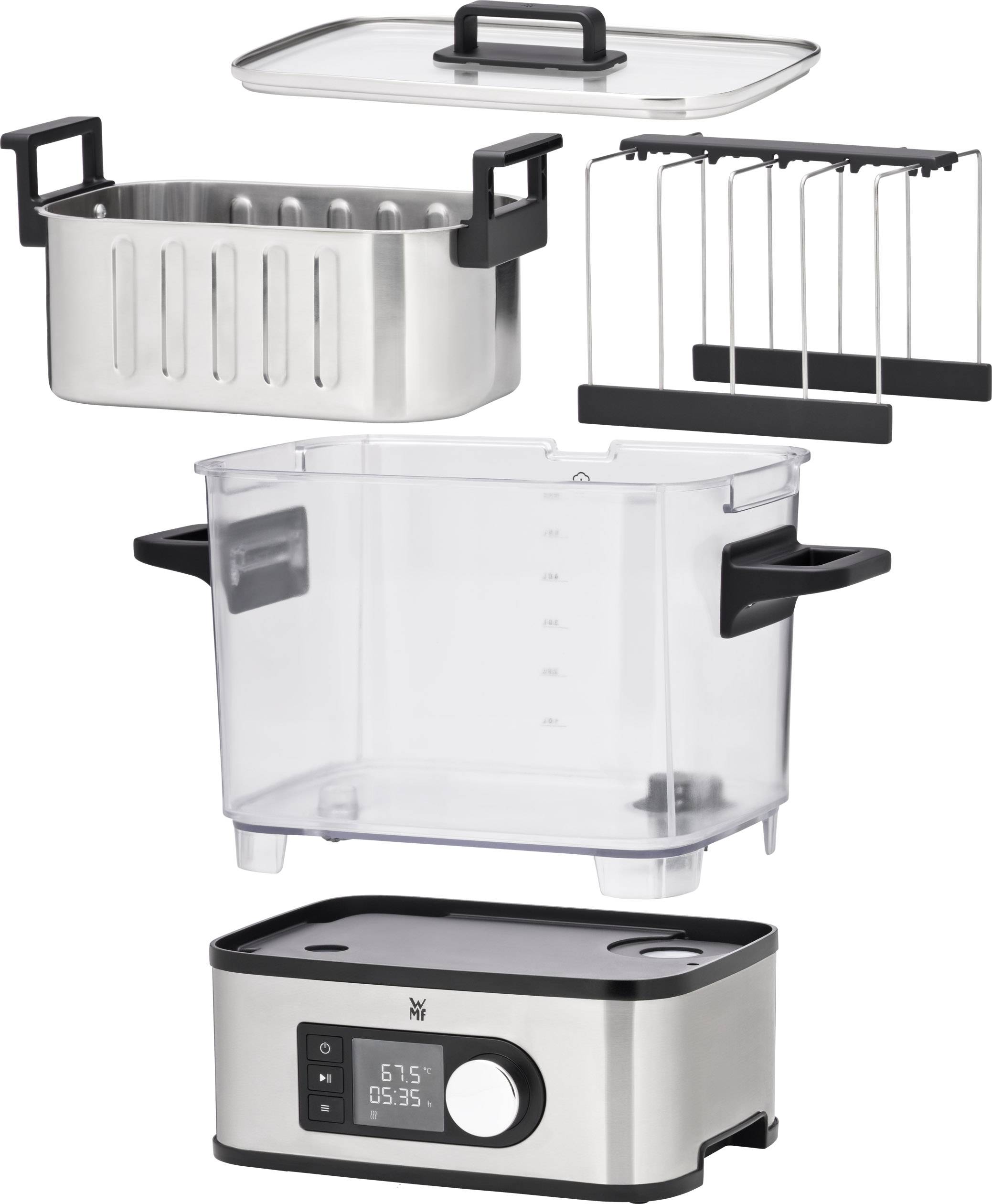 Transparante watercontainer, mand van roestvrij staal, deksel en houder voor sous-videmachine. Digitaal display toont temperatuur.