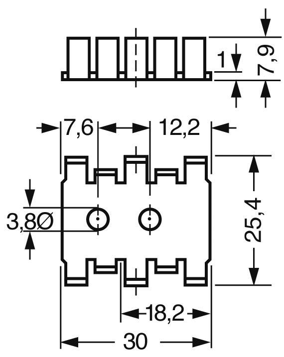 Technische tekening van een rechthoekige connector met afmetingen: breedte 30 mm, hoogte 25,4 mm, diepte 7,9 mm.