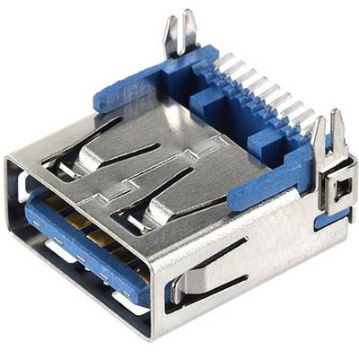 USB-aansluiting met metalen behuizing en blauwe elementen.