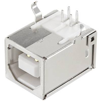 Een USB-B-aansluiting, die metallisch en rechthoekig van vorm is. Hij wordt vaak gebruikt in printers en andere randapparatuur.