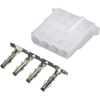 Een vierpolige Molex-stekker met bijpassende metalen contacten, vaak gebruikt voor de stroomvoorziening van computercomponenten.