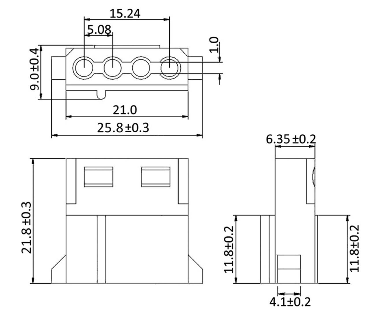 Technische tekening van een elektronische connector in drie aanzichten met nauwkeurige afmetingen in millimeters.