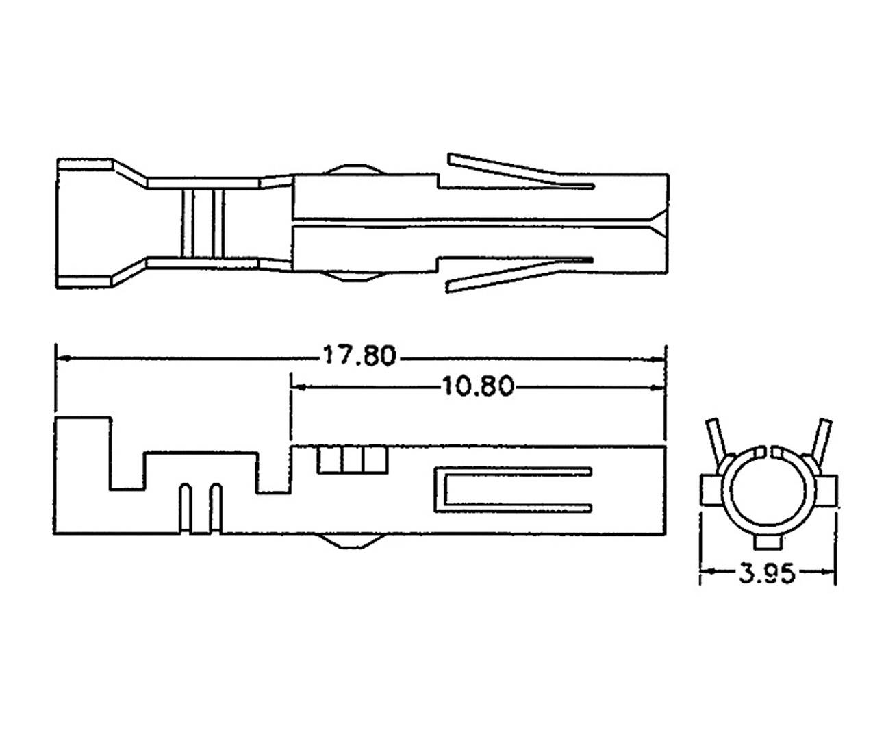 Tekening van een connector met afmetingen: lengte 17,80 mm, breedte 10,80 mm, diameter 3,95 mm. Toont zij- en bovenaanzicht.