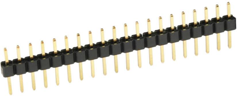 Lange, zwarte en gouden stiftlijst met 90-graden hoeken, vaak gebruikt in elektronische schakelingen voor signaalverbinding.