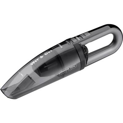 Zwarte, draagbare handstofzuiger met 'Nat & Droog' functie, lithium-ion accu en drie bedieningsknoppen boven op het handvat.