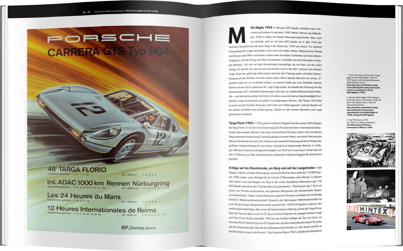 Een boekpagina toont links een poster van een Porsche Carrera GTS Type 904 met een raceauto-illustratie. Rechts staat een tekst over Porsche en racesuccessen.