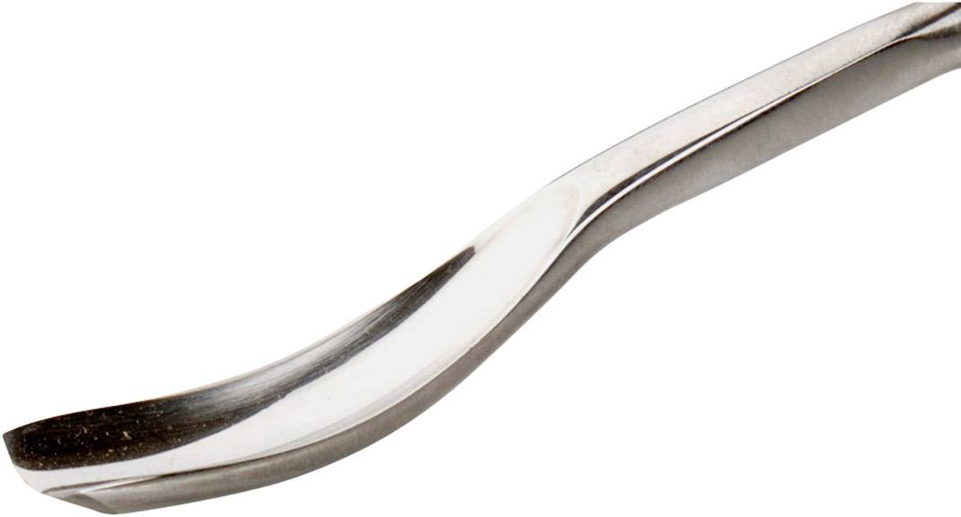 Een gebogen, metalen lepel, hoofdzakelijk in zilvertint gehouden.