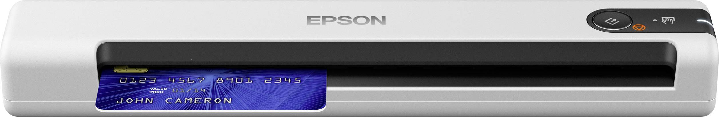 Een Epson-kaartprinter drukt een blauwe kaart met de naam 'John Cameron'. Bovenaan is het Epson-logo zichtbaar.