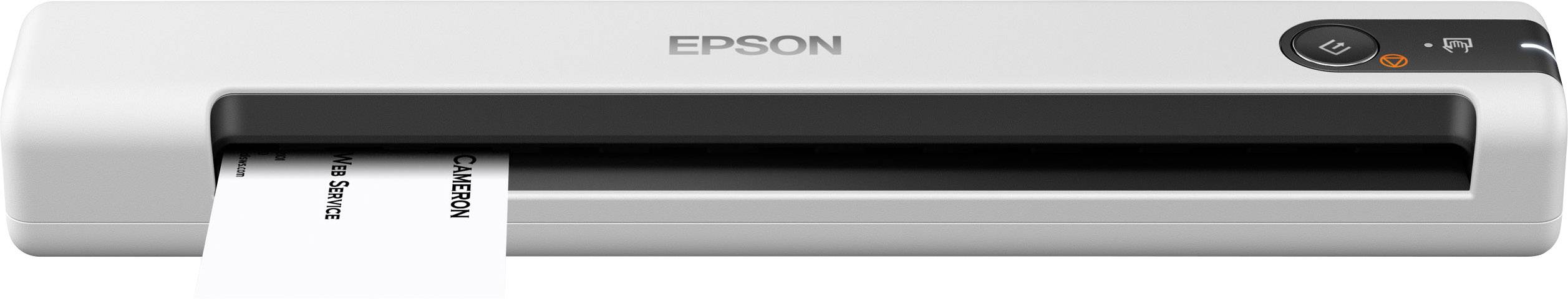 Een draagbare Epson-scanner scant een document. Het apparaat is compact en wit, met een zwart scangebied en bedieningsknoppen rechts.