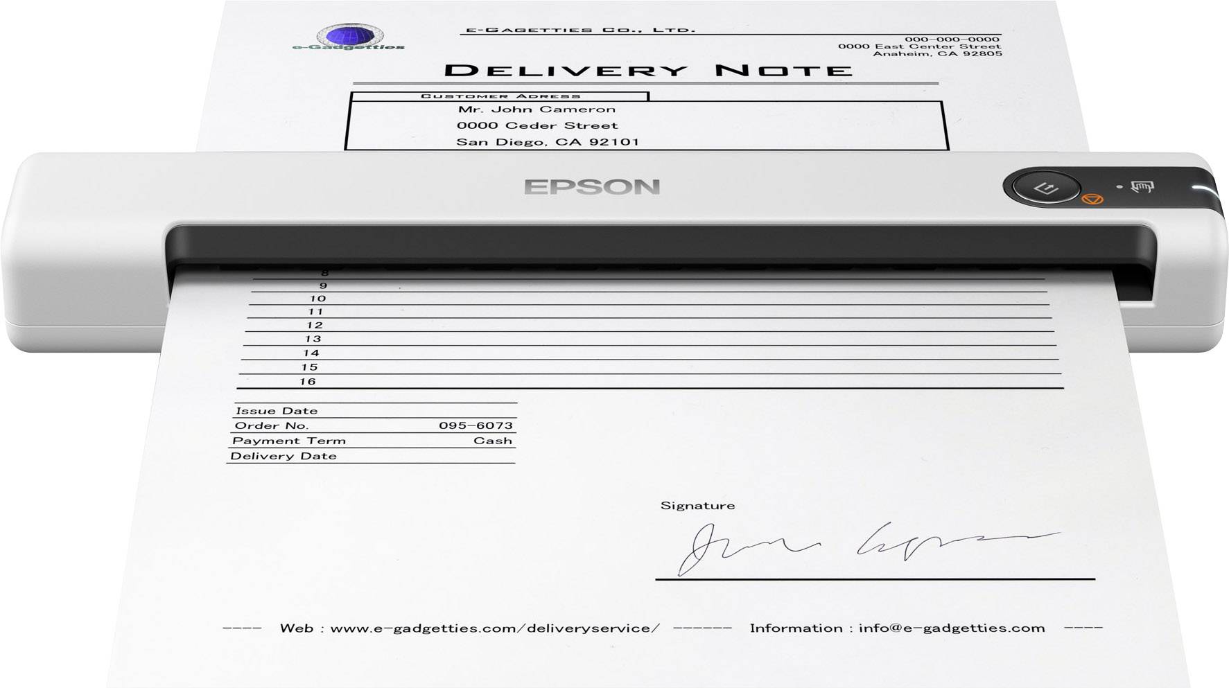 Een compact wit Epson-scanapparaat scant een 'Pakbon', onderaan met 'Dhr. John Cameron' en een handtekening.
