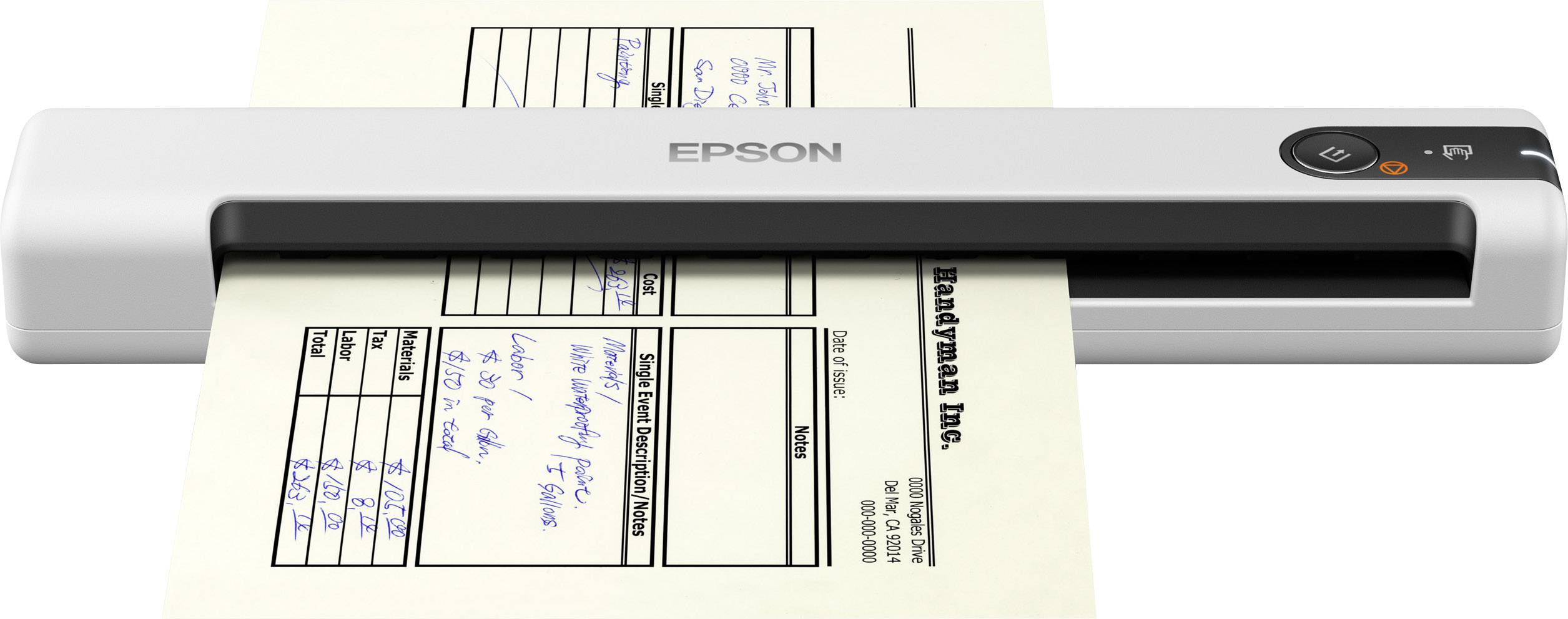 Een documentscanner scant een formulier met tabellen en handgeschreven notities. De scanner is van het merk Epson.