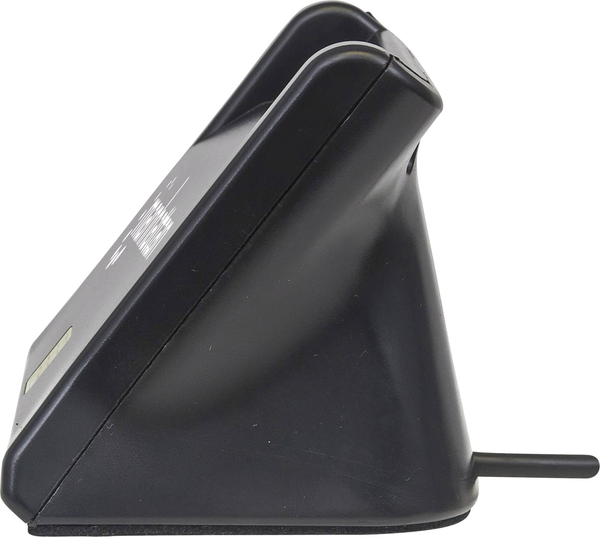 Zwart draadloos laadstation vanuit zijaanzicht, licht schuin geplaatst, met een kleine antenne aan de rechterkant.