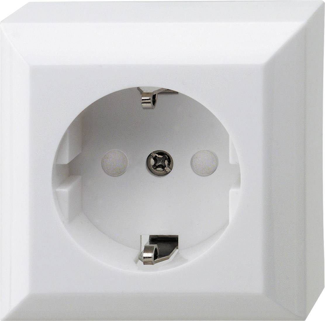 Witte Europese wandcontactdoos met randaarde, gemonteerd aan een muur.