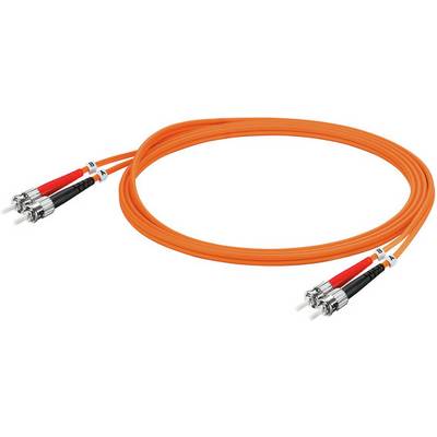 Een oranje glasvezelkabel met vier aansluitingen, twee zwarte en twee rode, elk gemarkeerd met 'A' en 'B'.
