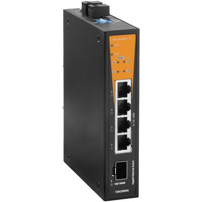 Netwerk-switch met vijf Ethernet-poorten en twee glasvezelaansluitingen; voorkant toont poortnummers en status-LED's.