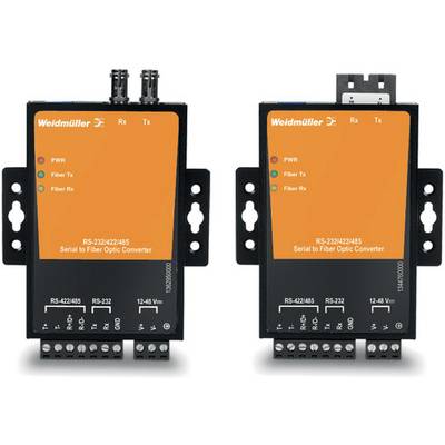 'Twee oranje-zwarte RS-232/422/485 naar glasvezel-converters van Weidmüller met aansluitopties voor verschillende interfaces.'