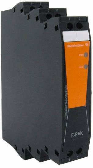 Een zwart elektronisch Weidmüller E-PAK apparaat met oranje gedeelte en verlichte indicatoren, geschikt voor montage in een schakelkast.