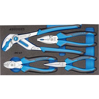 Een gereedschapsset bestaande uit tangen en zijkniptangen met blauwe en zwarte handgrepen, netjes gerangschikt in een schuimstof-inleg.