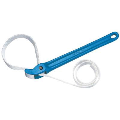 Blauwe bandsleutel met lange handgreep en wit nylonband, geschikt voor het losdraaien of vastdraaien van ronde objecten zoals buizen.