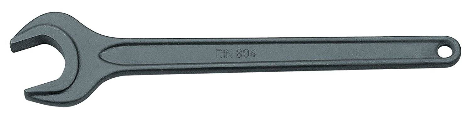Een open steeksleutel van 13 mm, gemaakt van metaal met een ring aan het uiteinde van de handgreep.
