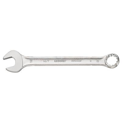 Een zilveren ringsleutel met het opschrift 'GEDORE GERMANY'. Links een open steeksleutel, rechts een ringsleutel met maat 19.