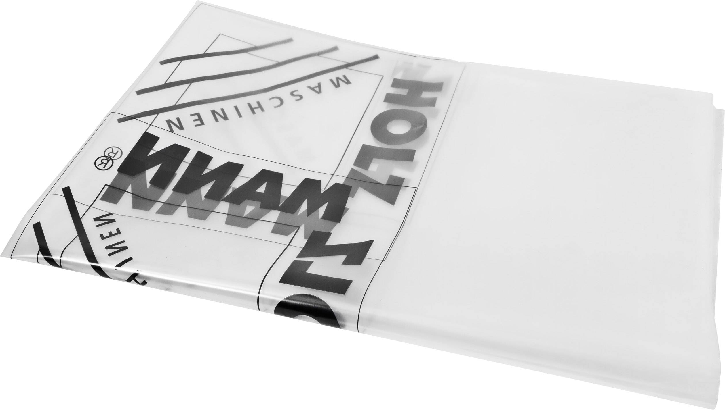 Transparante hoes met zwart-witte tekst en grafische elementen, voornamelijk het woord 'HOLLZMANN'.