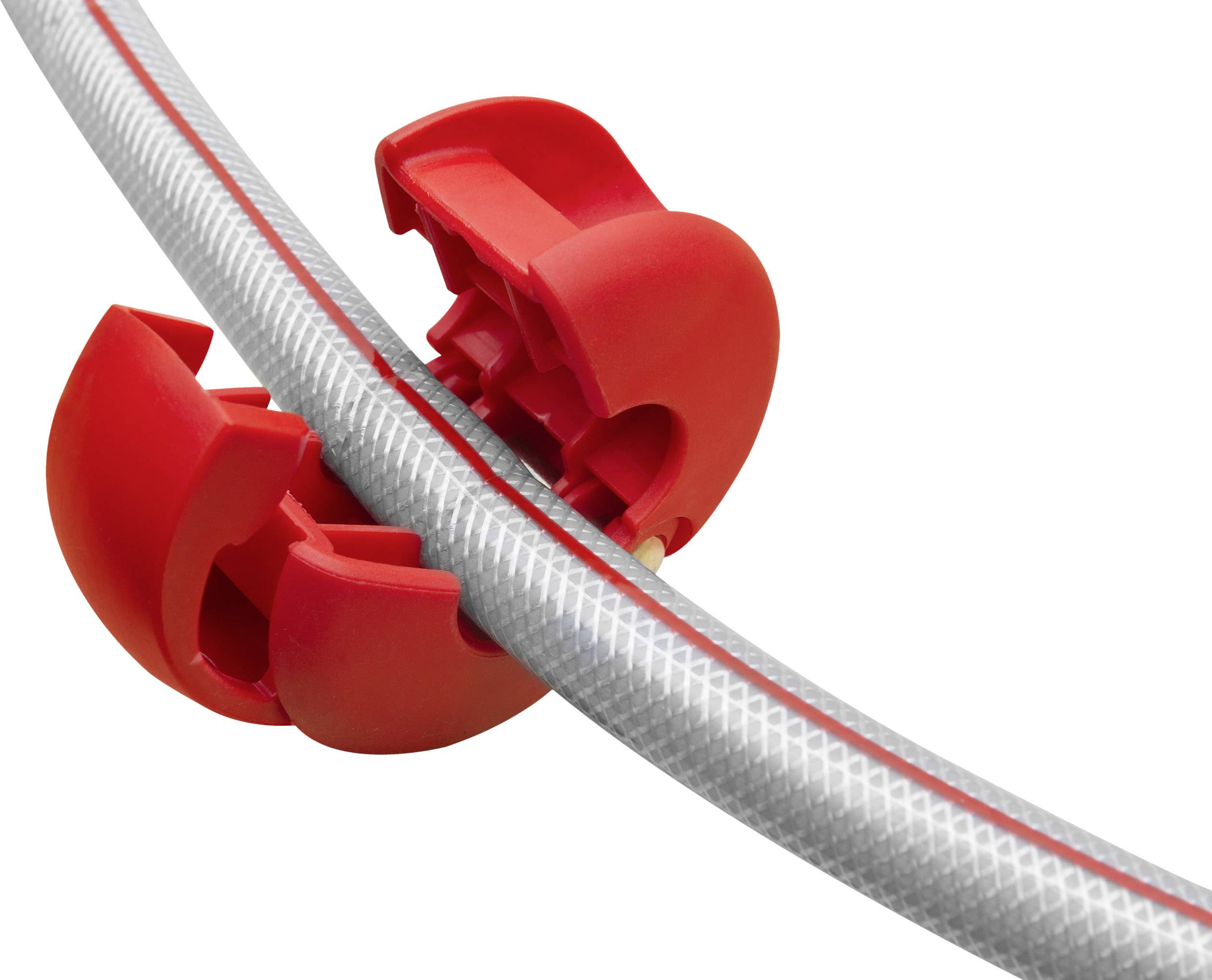 Een rood snijgereedschap snijdt een grijs pijp. Het gereedschap omsluit de pijp gedeeltelijk en toont de functie van het gereedschap.