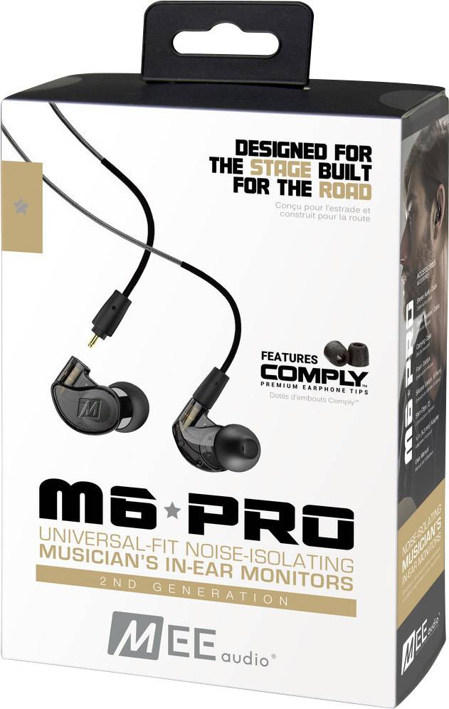 Verpakking van de M6 PRO 2nd Generation In-Ear Monitorkoptelefoon in het zwart, geschikt voor muzikanten, met ruisonderdrukking.