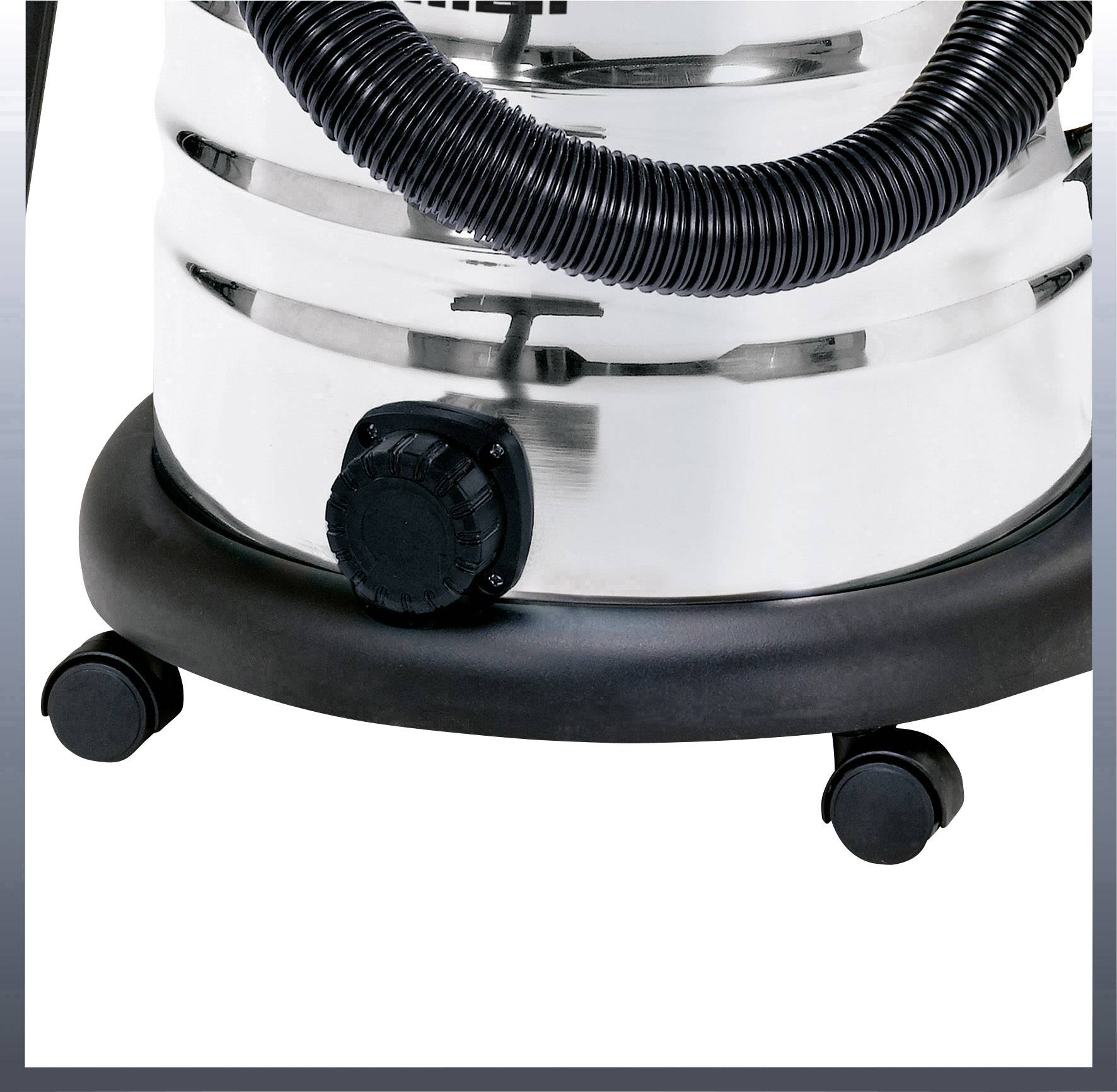Metalen stofzuiger met zwarte slang en wielen aan de onderkant. Geschikt voor industriële schoonmaakwerkzaamheden.