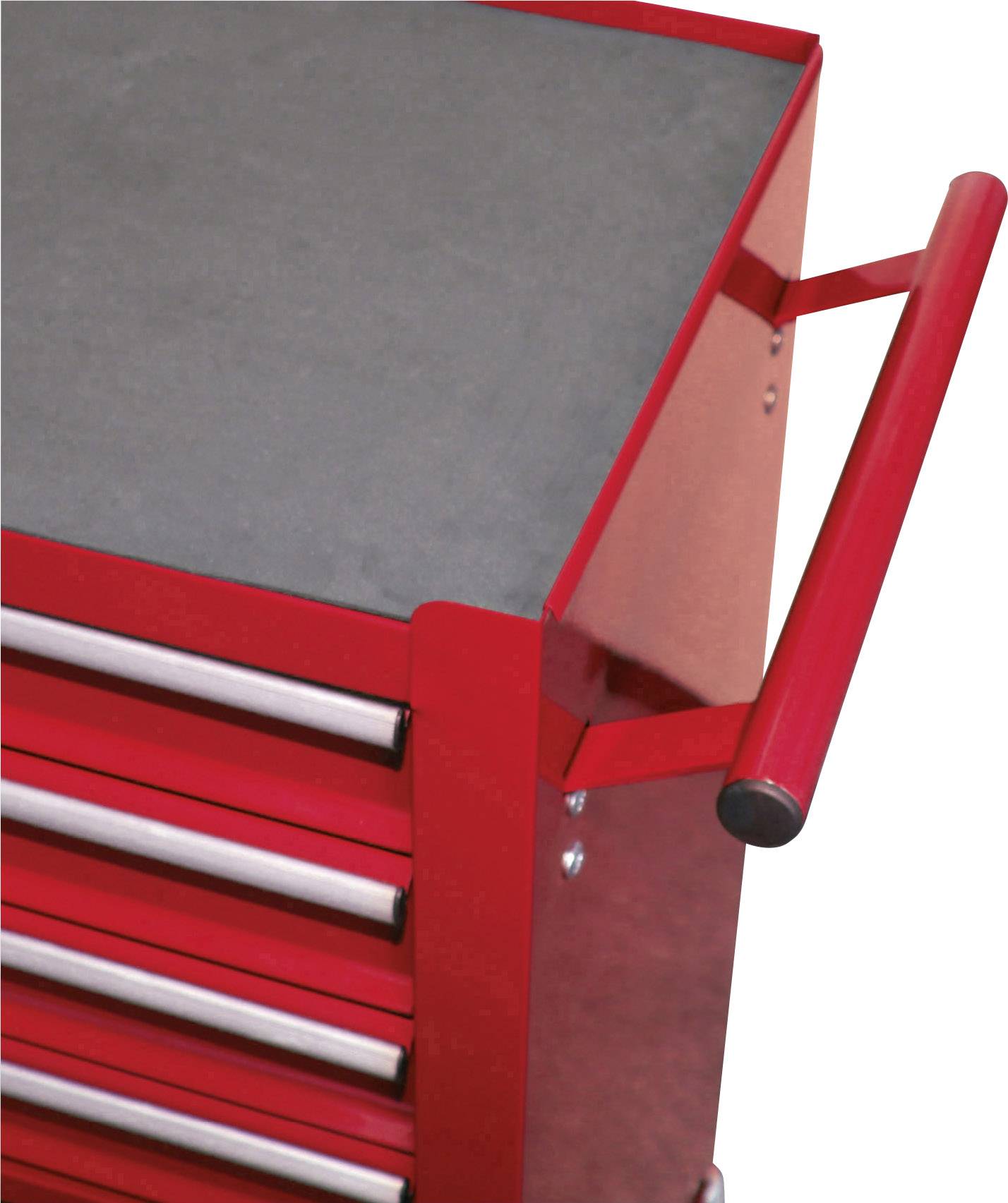 Rode gereedschapskast met vijf laden en een zijdelingse greep, gefotografeerd vanuit vogelperspectief.