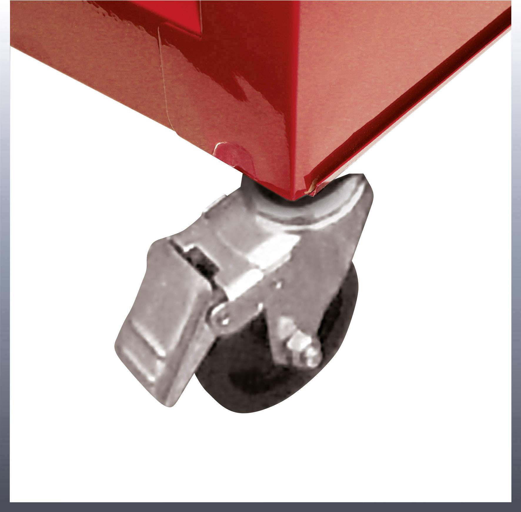 Een close-upfoto toont een rood rijdend onderstel met een vergrendelbare rollende rem.