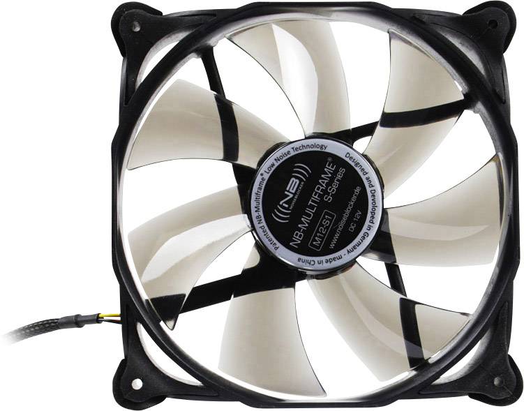 Een zwarte computerventilator met grijze vleugels, gefotografeerd vanaf de zijkant, kabels zichtbaar.