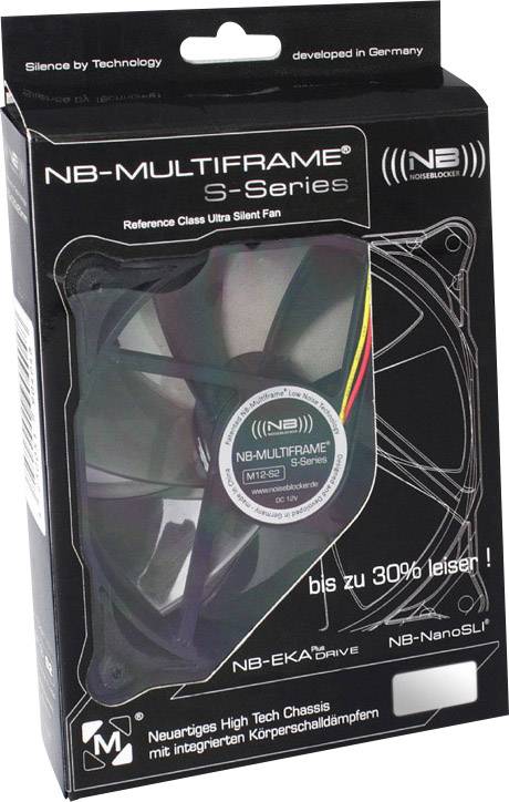 Verpakking van een "NB-Multiframe S-Serie" ventilator, gepromoot als stil met tot wel "30% stiller" en speciale trillingdemping.