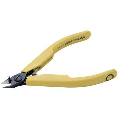 Gele zijkniptang met zwart scharnier en scherpe messen, geschikt voor het knippen van draden en fijne materialen.