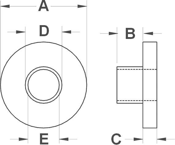 Technische tekening van een cilinder met afmetingen A tot E. Voor- en zijaanzicht tonen diameter en lengte van de onderdelen.