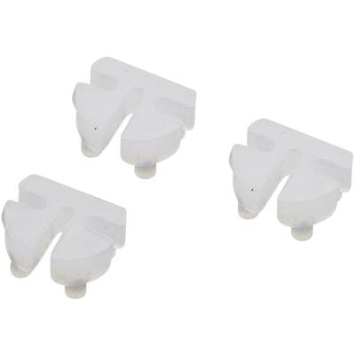 Drie witte, driehoekige onderdelen met afgeronde randen en kleine pinnetjes aan één zijde, mogelijk onderdelen voor een technische toepassing.