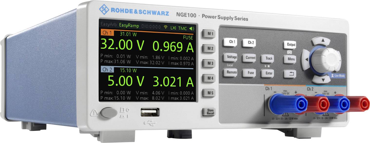 Elektronisch laborvoedingsapparaat met weergave van spanning en stroomsterkte voor twee kanalen: 32,0 V, 0,969 A; 5,0 V, 3,021 A.