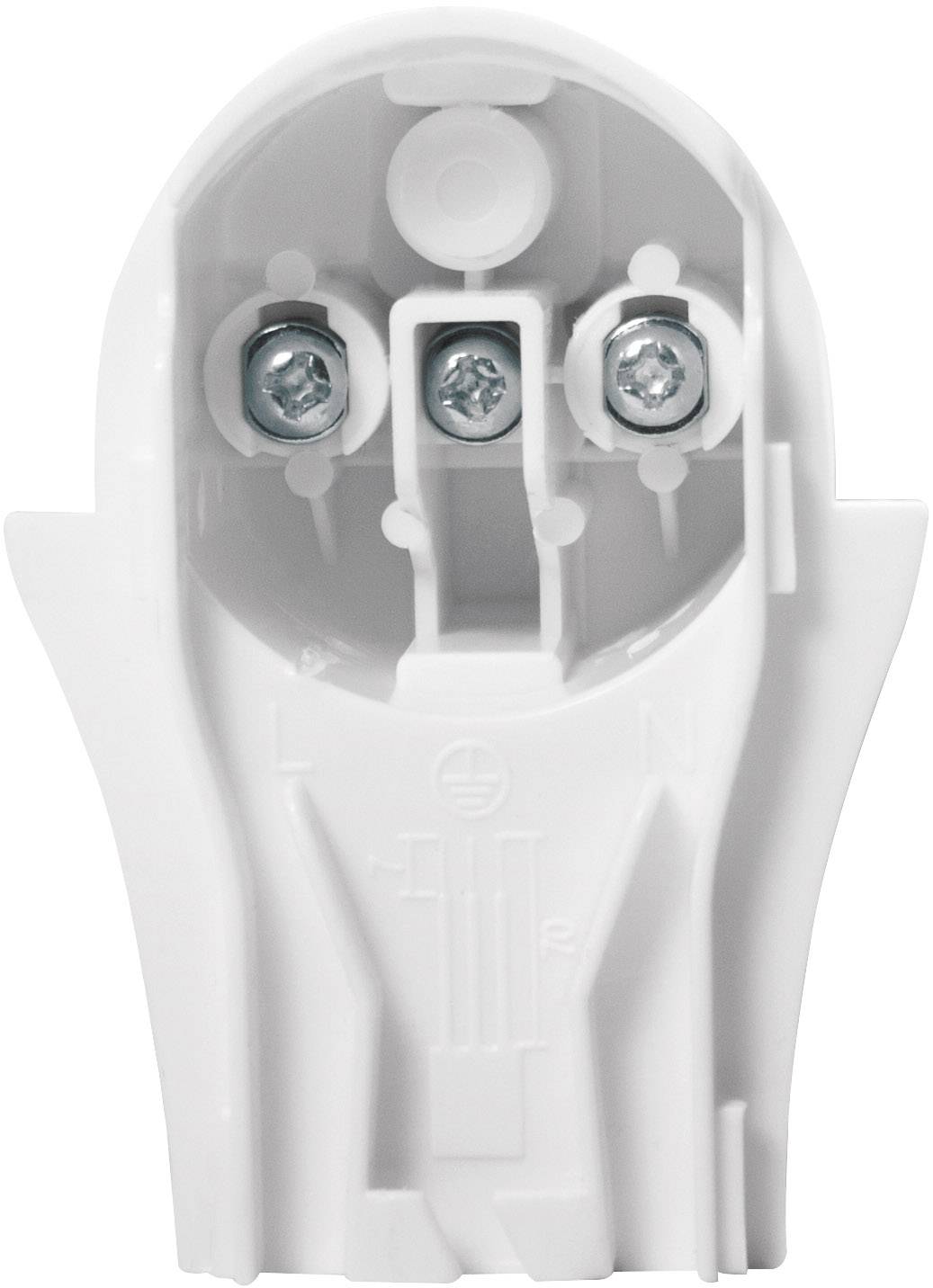 Afbeelding van een witte stekkerverbinding met twee schroefklemmen, gemarkeerd met 'L' en 'N', gebruikt voor elektrische installaties.