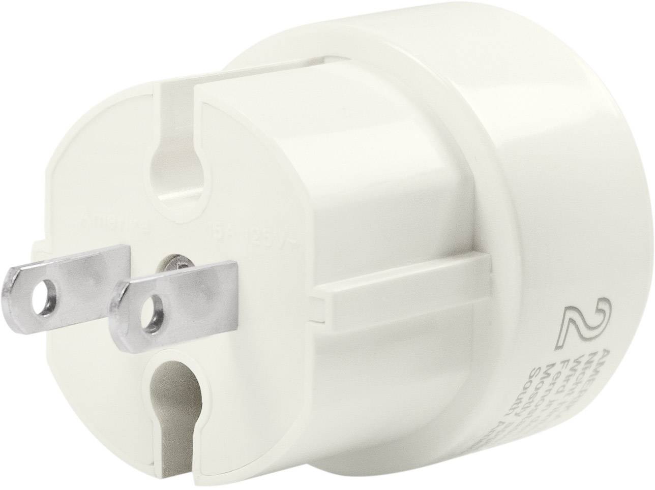 Een witte adapter met twee metalen pinnen voor gebruik in internationale stopcontacten, geschikt voor reisdoeleinden.