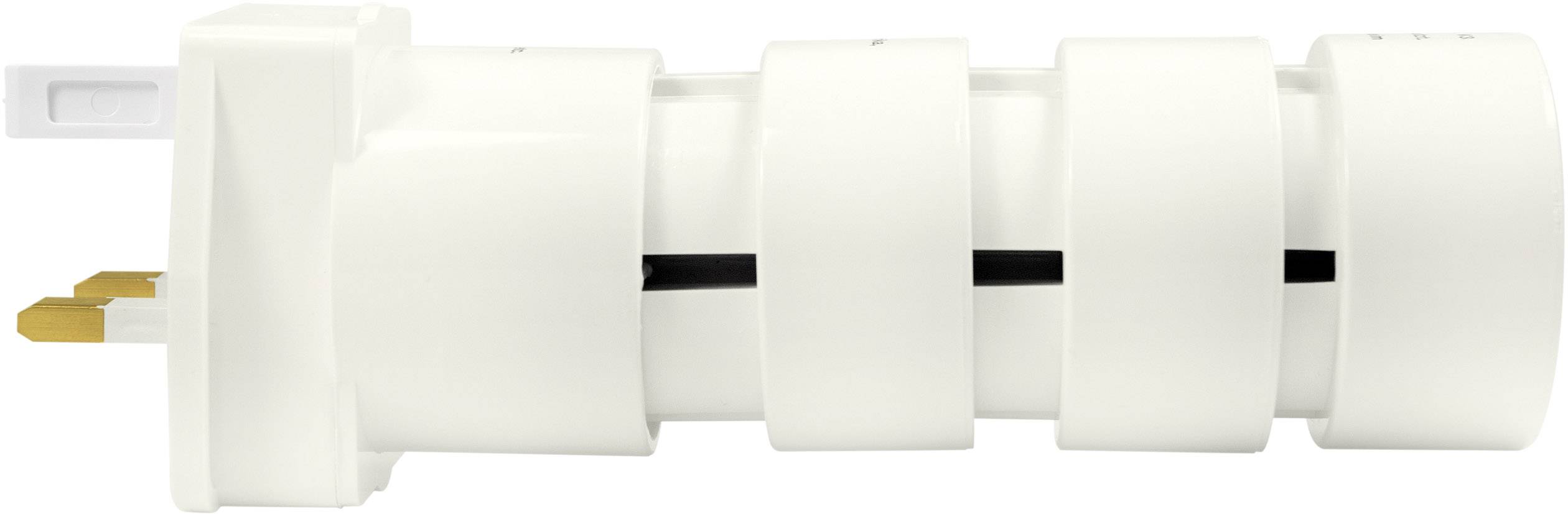 Een witte, cilindrische stekkeradapter met meerdere aansluitingen, geschikt voor verschillende stopcontacttypen en spanningen.