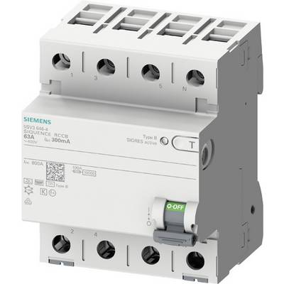 Elektrische installatieautomaat met 'UIT' schakelstand. Tekst op apparaat: 'SIEMENS', '63A', 'Type B', '400V', '300mA'.