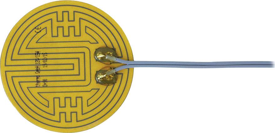 Een ronde, gele, schijfvormige sensor met een complex, labyrintisch patroon en twee aangesoldeerde blauwe kabels.