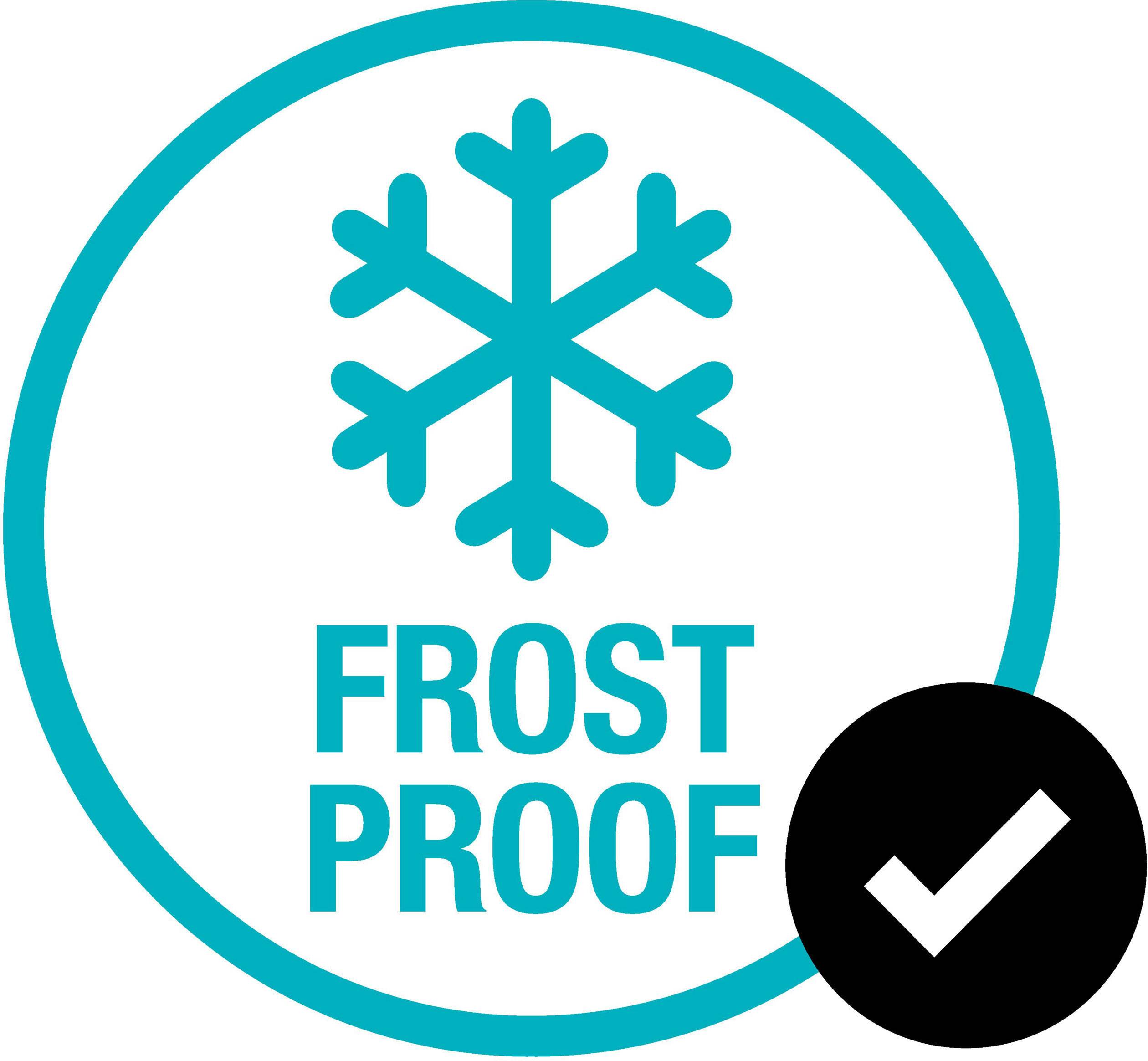 'Vorstbestendig'-Symbool: Een blauwe sneeuwvlok-icoon met de tekst 'Vorstbestendig', ernaast een zwart vinkje in een cirkel.