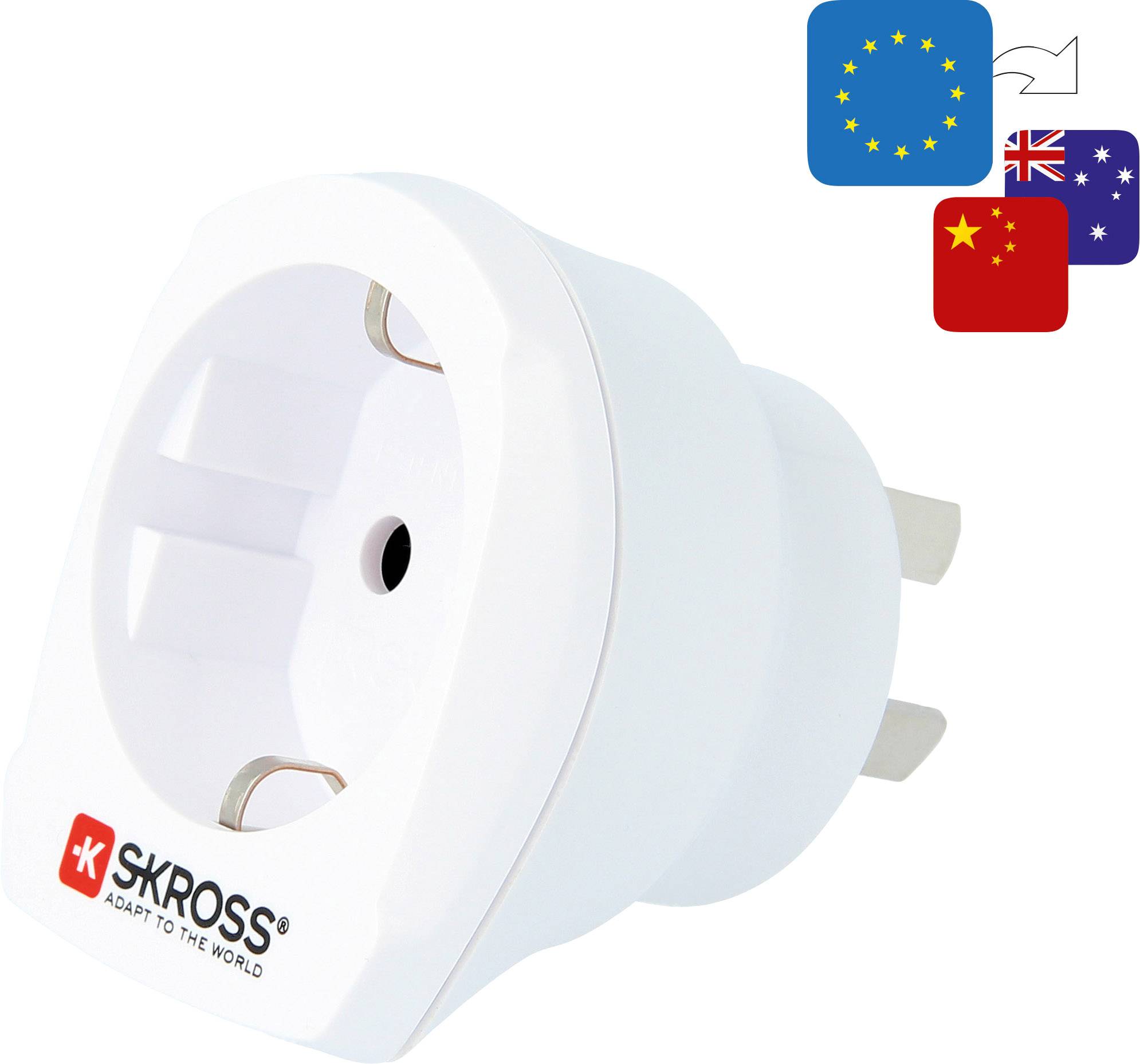 Adapterstekker voor EU, China en Australië met vlaggen. Merk: SKROSS. Zet EU-stopcontacten om, geschikt voor apparaten uit China en Australië.