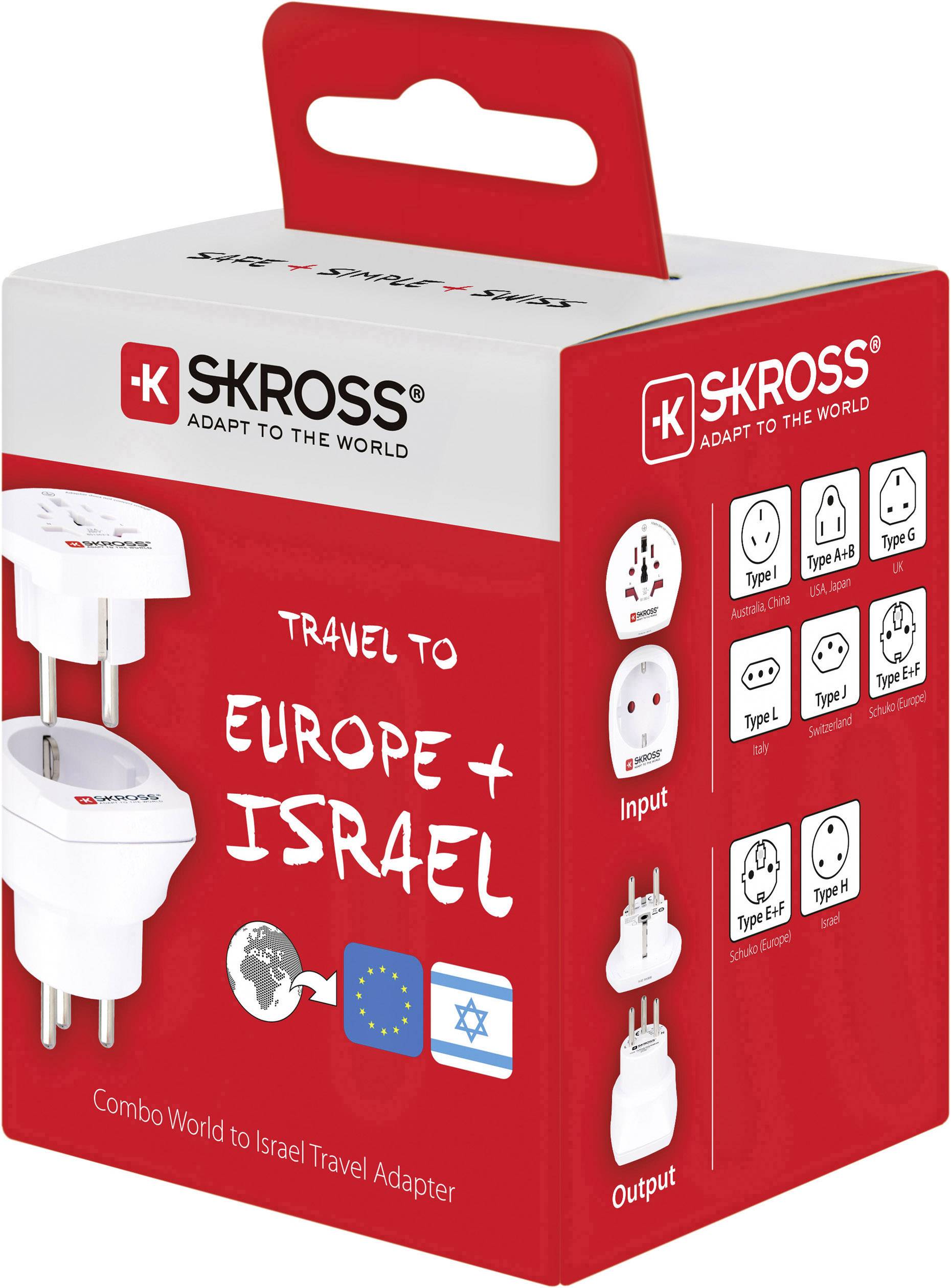 Witte reisestekker van SKROSS, geschikt voor Europa en Israël, verpakt in rode doos. Verpakking toont stekkertypes en vlaggen.