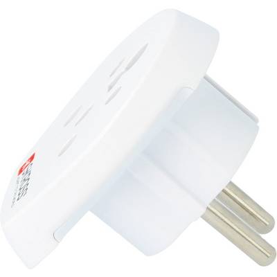 Een witte stekkerdoos-adapter met twee aansluitingen en één stekker aan de zijkant, geschikt voor het maken van internationale verbindingen.