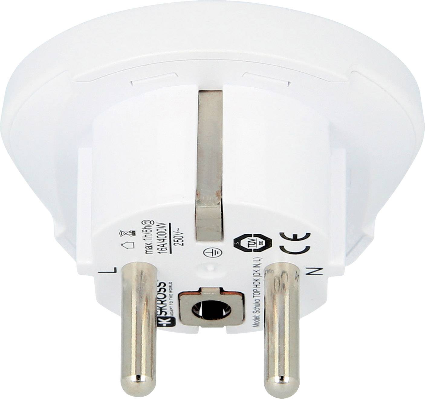 Witte adapter-stekker voor Duitse stopcontacten, met twee steekcontacten, ideaal voor reizen of het omzetten van stekkerformaten.