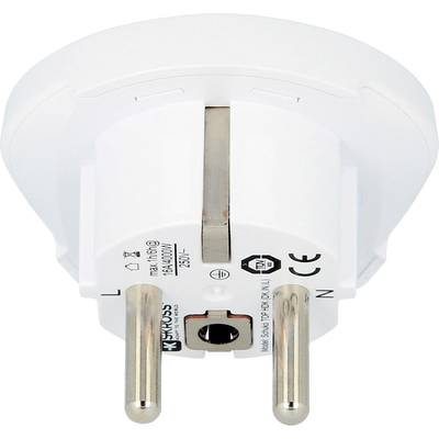 Witte adapter-stekker voor Duitse stopcontacten, met twee steekcontacten, ideaal voor reizen of het omzetten van stekkerformaten.