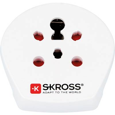Reisestekker van SKROSS, geschikt voor gebruik over de hele wereld, in witte kleur met logo en de slogan 'Adapt to the World'.